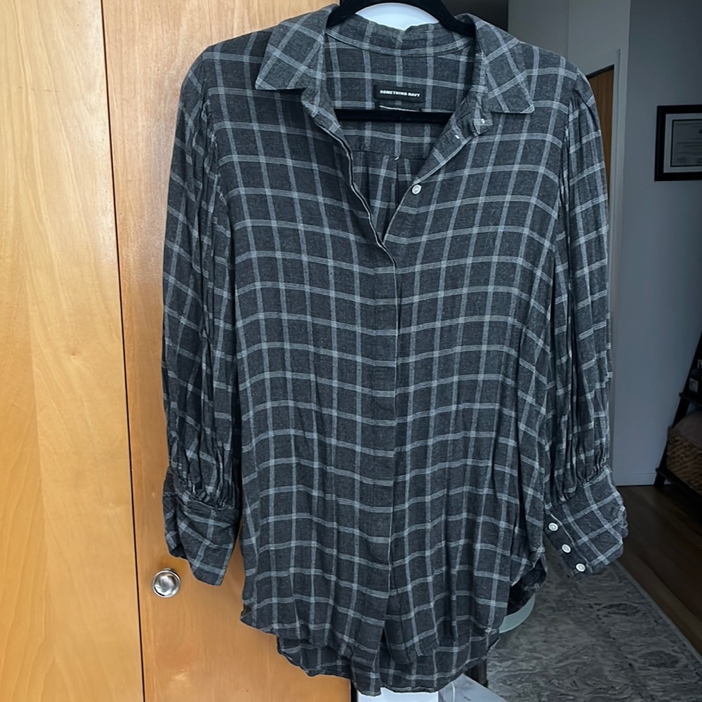 Something Navy Soft Plaid Puff Sleeve Long Blouse
